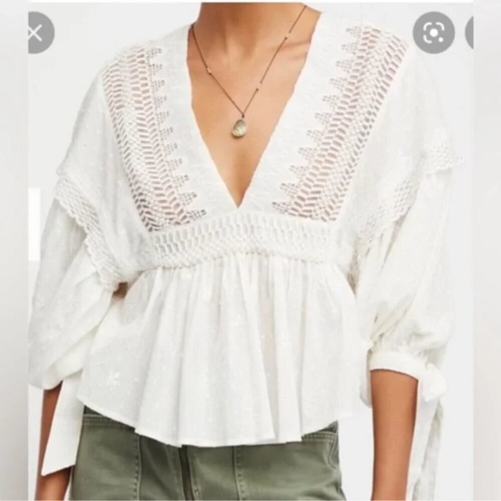 Free People Drive You Mad Embroidery Lace Crop Blouse Top Sz S Off White